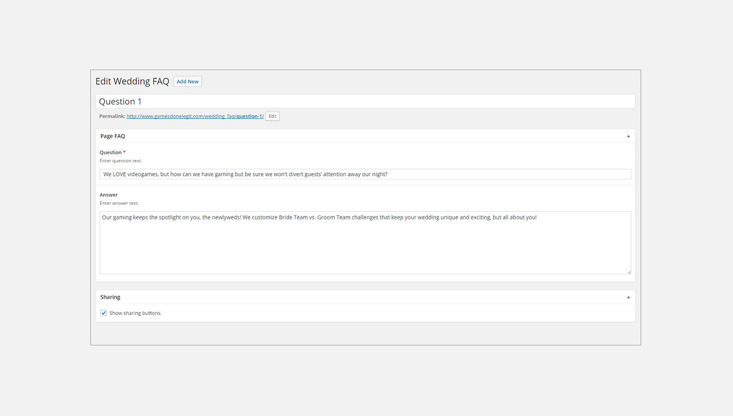 Wedding FAQ edit page using custom post types