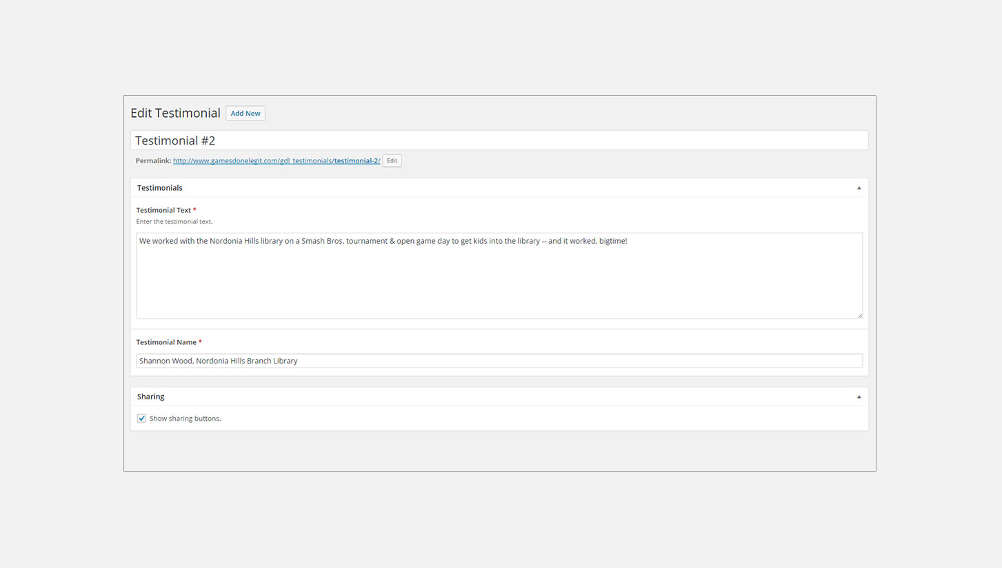 Add testimonial edit page using custom post types