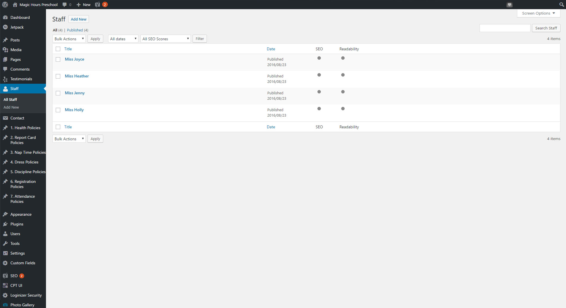 WordPress Admin Panel using Staff custom post type