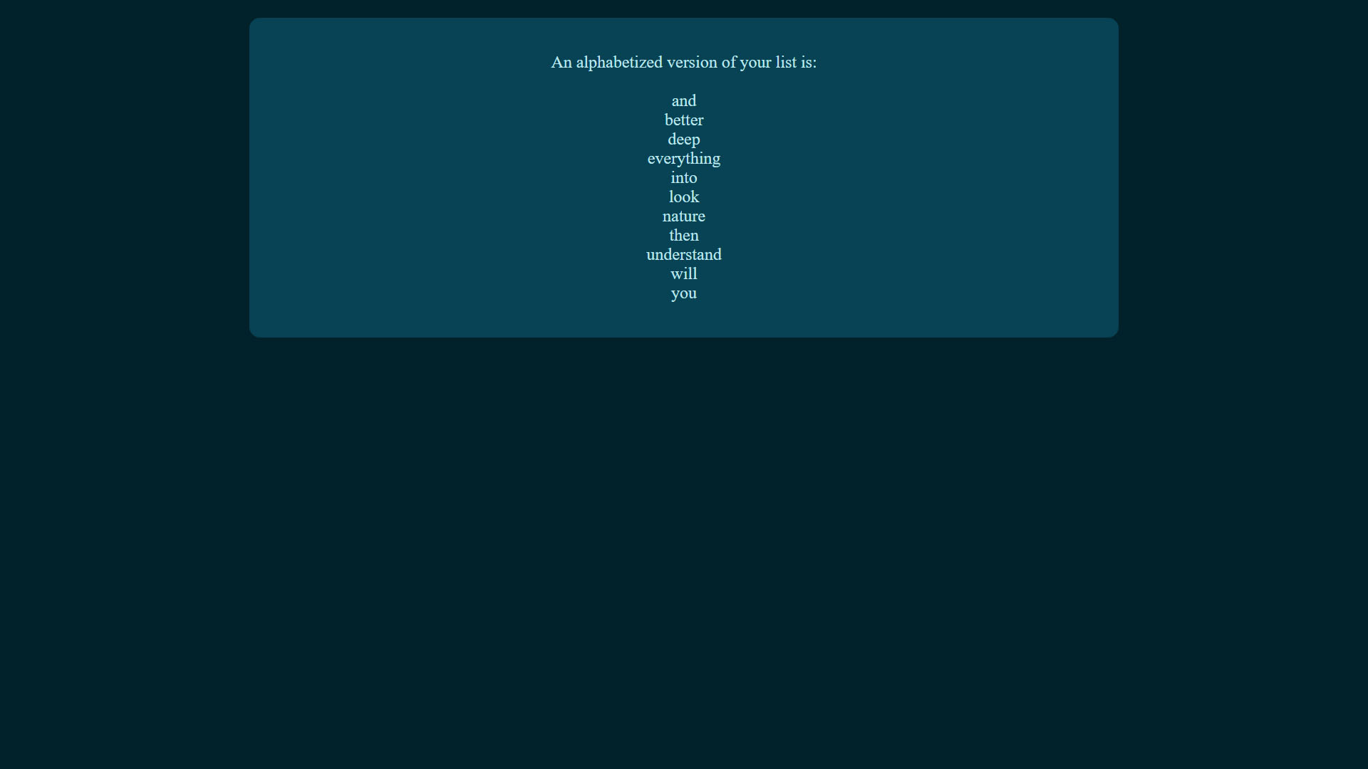 Returned list of words in alphabetical order